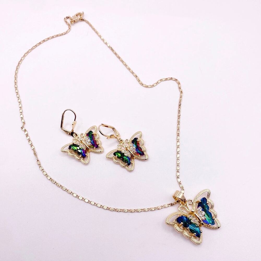 AB Glass Butterfly Gold Plated Necklace and Earrings Set
